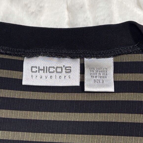 Chicos Travelers Slinky Striped Top V-Neck Knit Long Slv Black Green Size 3 XL - Picture 7 of 8